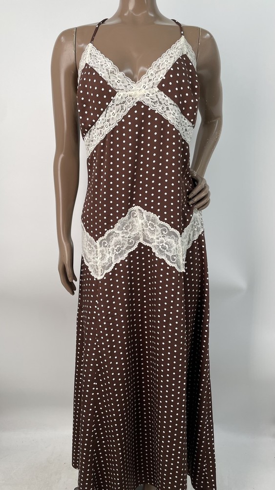 Frankies Bikinis Womens Maxi Dress Brown/White Size XL Ethereal Polka Dot Satin