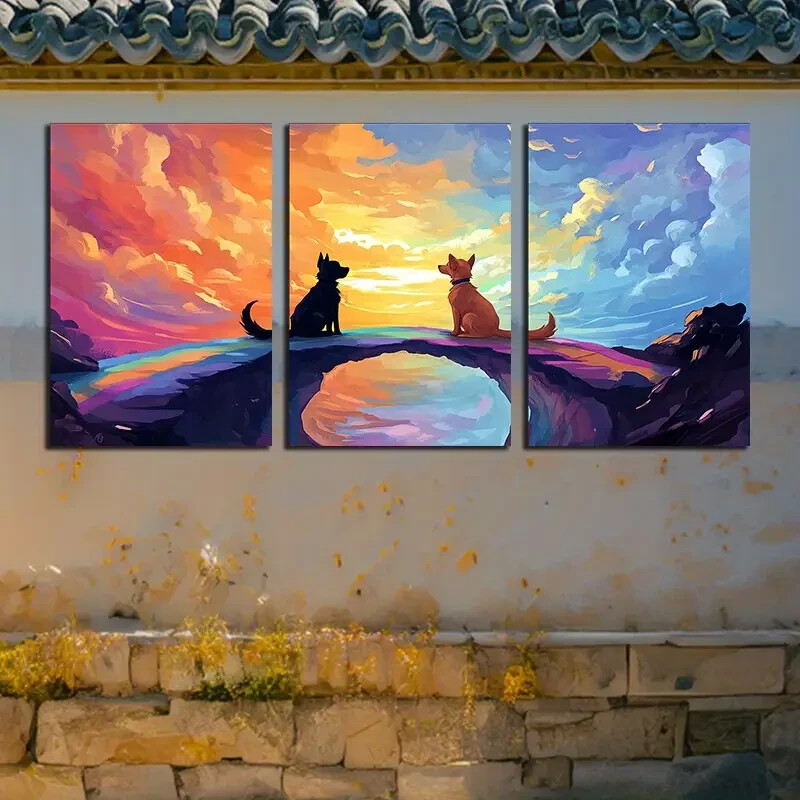 3pcs Vibrant Rainbow Bridge Dogs Design Metal Print Ready to Hang Art