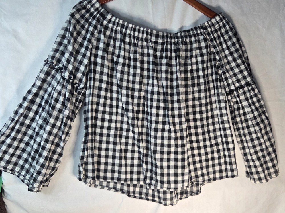 Who What Wear Blk/White Gingham Off Shoulder Bell Quarter Sleeve Top Women Sz L