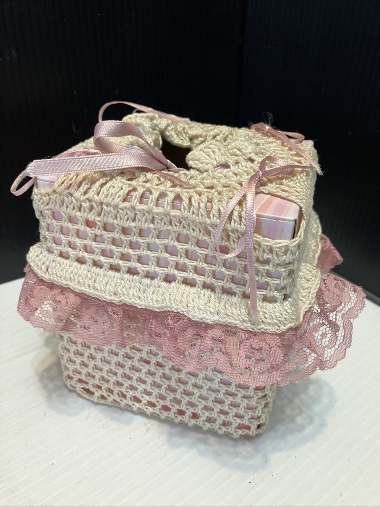 Dainty Hand Crocheted Tissue Box Cover Cream w/ Pink Satin Ribbons Lace 4.5” Sq