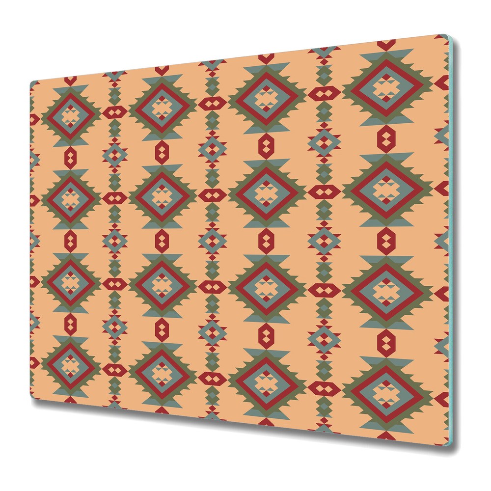 Glass Chopping Board Utensil American Indian motifs red green blue and orange