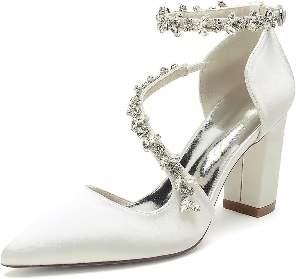 Block Heel Wedding Shoes for Bride Pointed Toe Rhinestones Strappy Bridal...