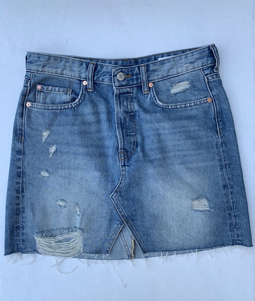 H&M Women's Sz 8 Blue Medium Wash Distressed Denim Skirt 100% Cotton