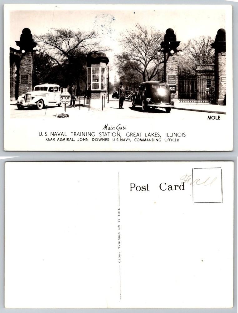 Vintage RPPC U.S. Naval Training Station Great Lakes IL Main Gate WWII Era