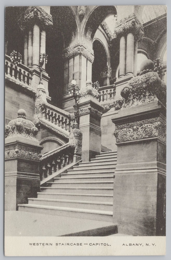 Albany New York~Western Staircase of Capitol Building B&W~Vintage Postcard