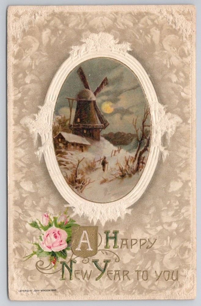1910 John Winsch New Year Postcard - Embossed Windmill Winter Scene & Roses