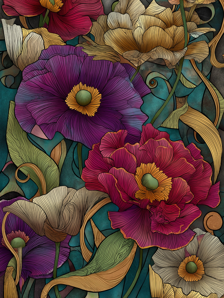 Vibrant Poppies Art Nouveau Botanical Illustration Poster 18x24in