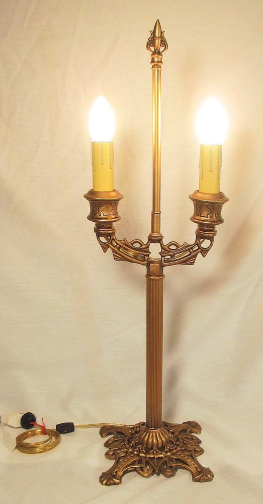 Antique Art Deco Cast Iron 2 Candle Table Lamp Rewired