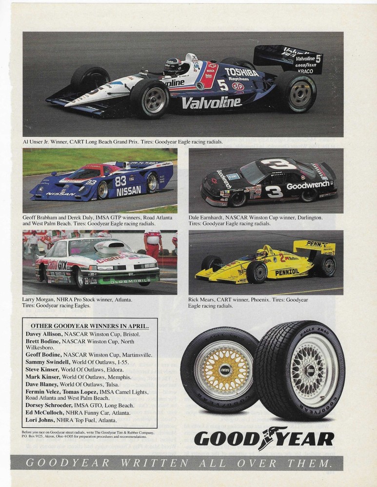 Al Unser Jr. / Rick Mears / Dale Earnhardt   Good Year  Original Print Ad