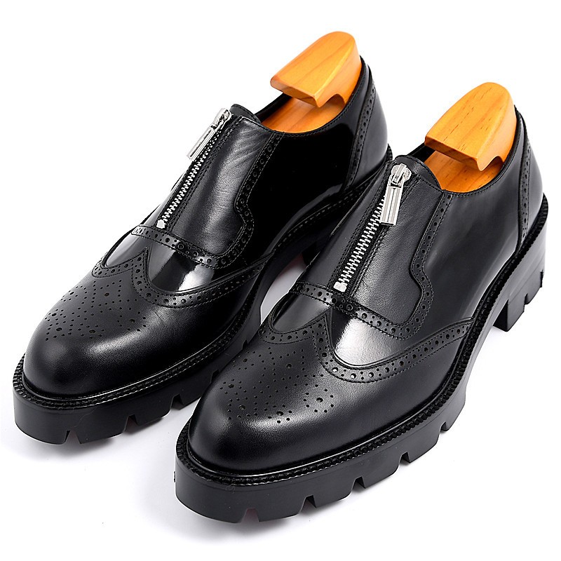 Men's Brogue Oxford Shoes Business Formal Zipper Cowhide Carved Leather Shoes