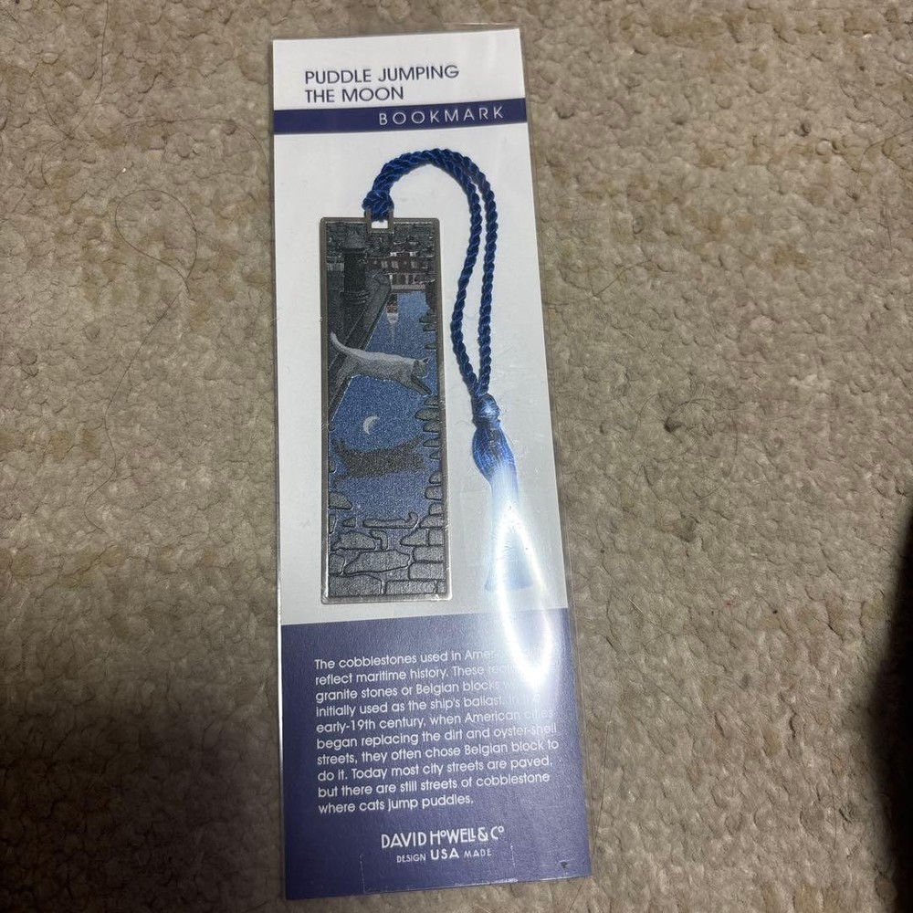 David Howell Book Mark Metal Tassel Blue Silver 6in Puddle Jumping Moon Cat