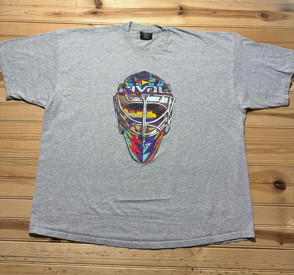 Vintage 90s Rival Goalie Mask Hockey Short Sleeve Heather T-Shirt USA - Size XXL