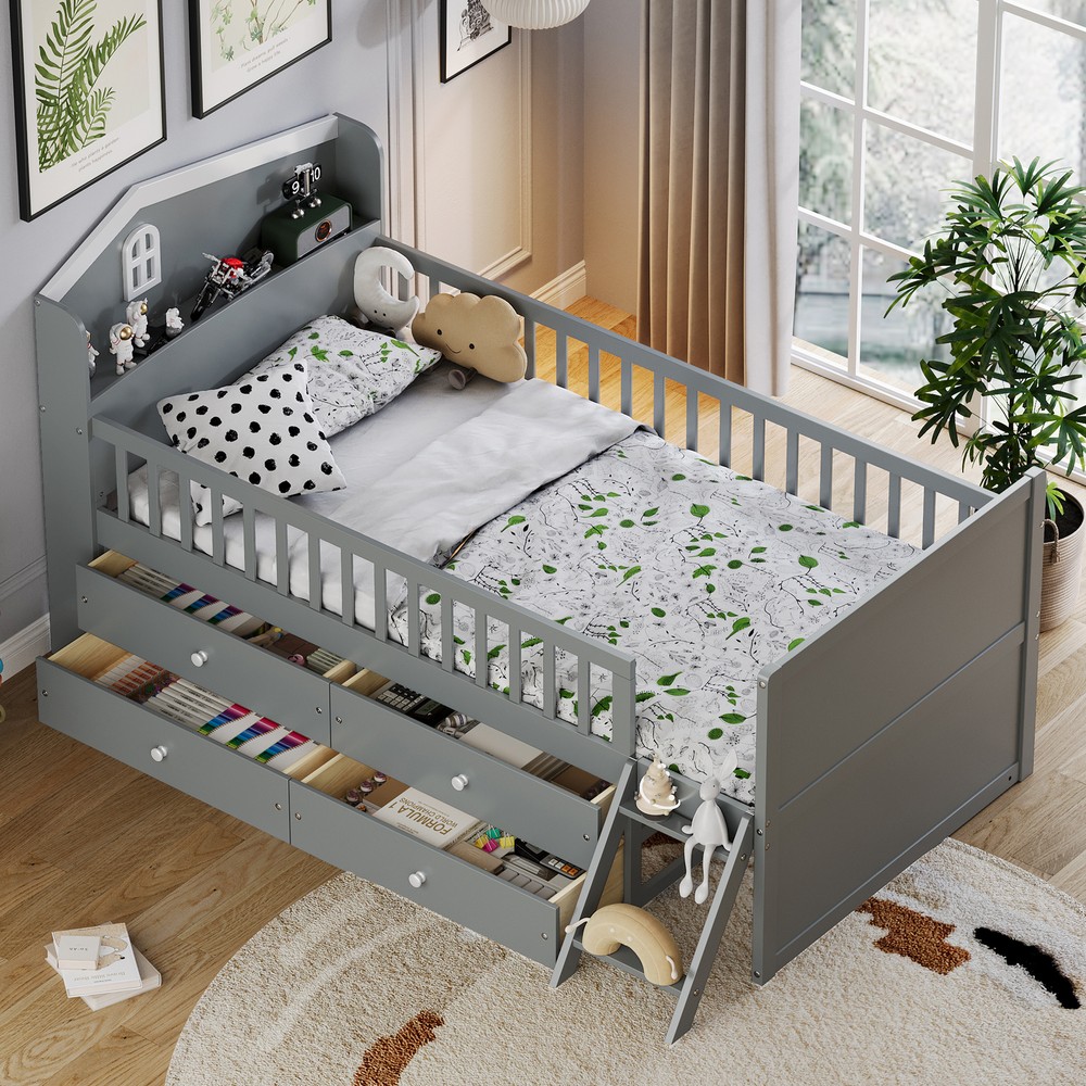 Twin Wooden Bed Frame with Storage Drawers & Ladder for Kids in Gray