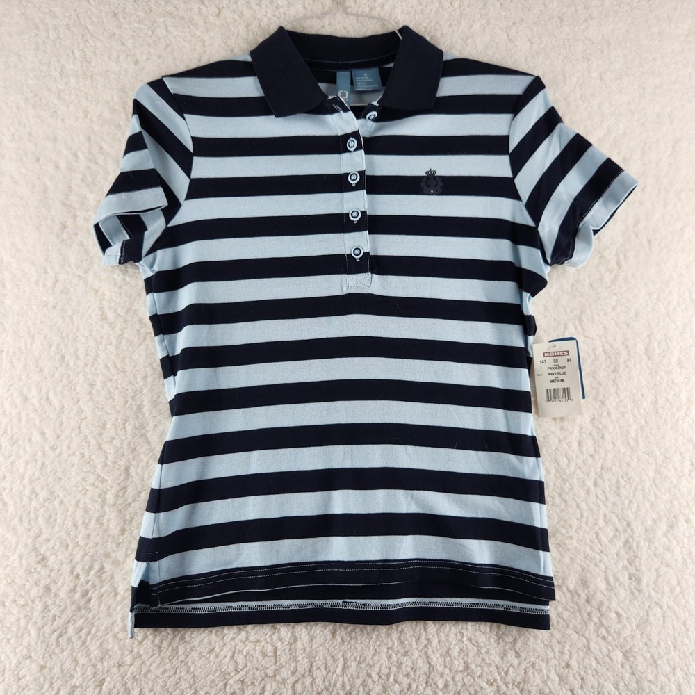 NWT FUDA Light Blue Navy Striped Women's Polo shirt Medium