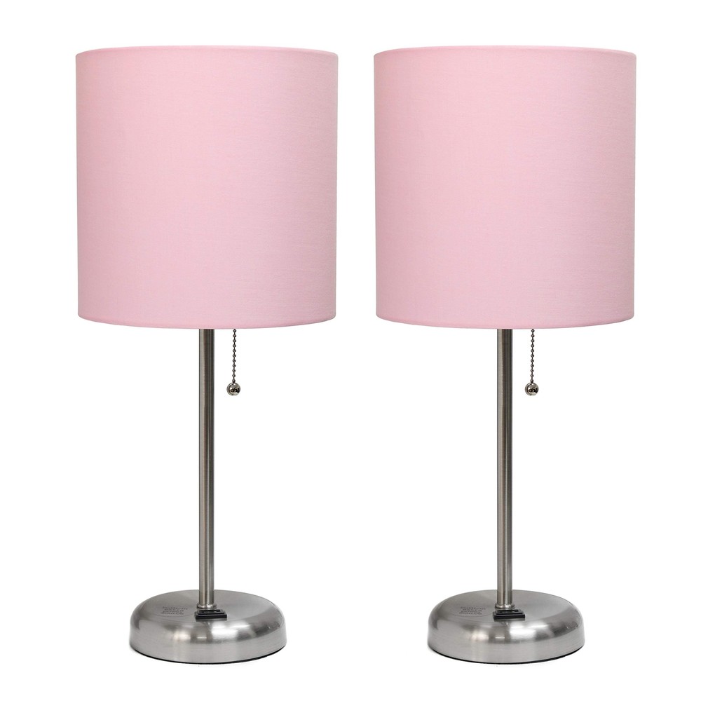 LC2001-LPK-2PK Brushed Steel Stick Table Lamp Set with Charging Outlet and Li...