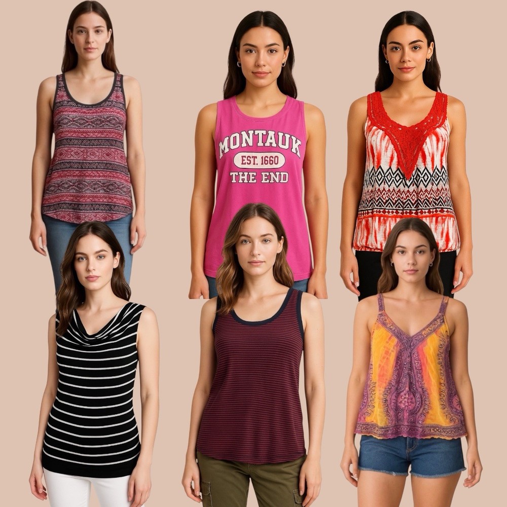 Boho Summer Tank Top Bundle - 6 Stylish Womens Tops Sizes S to L