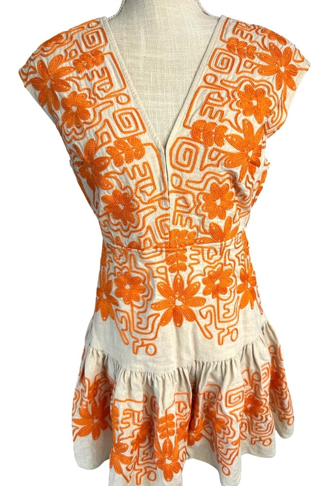 Maje Beige & Orange Embroidered Floral Sleeveless Dress Size 40