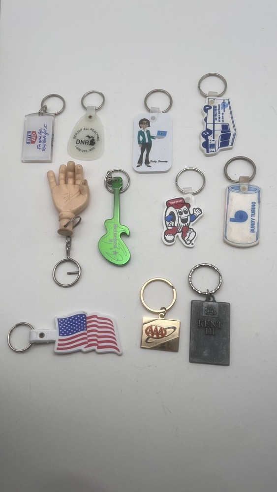Vintage Lot of 11 Random Keychains Including Rite Aid Tireman AAA Hand Designs