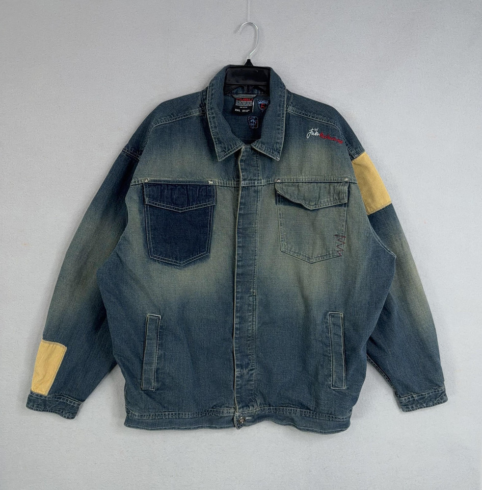Vintage FUBU Jacket Mens 2XL Blue Denim Trucker Patchwork Hip Hop Rap Y2K 90s