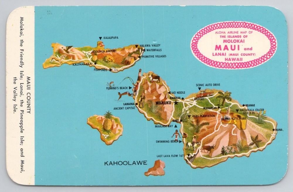 Hawaii Aloha Airlines Map Postcard - Maui, Molokai, Lanai Islands Art