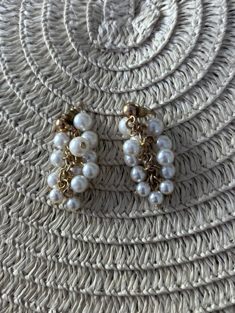 Faux Pearl Grape Cluster Earrings, Gold Tone, 2