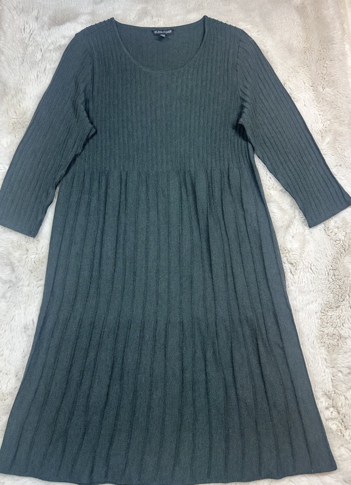 Eileen Fisher Green 100 % Wool Ribbed Pleated Sleeved Sweater Dress Size S /P
