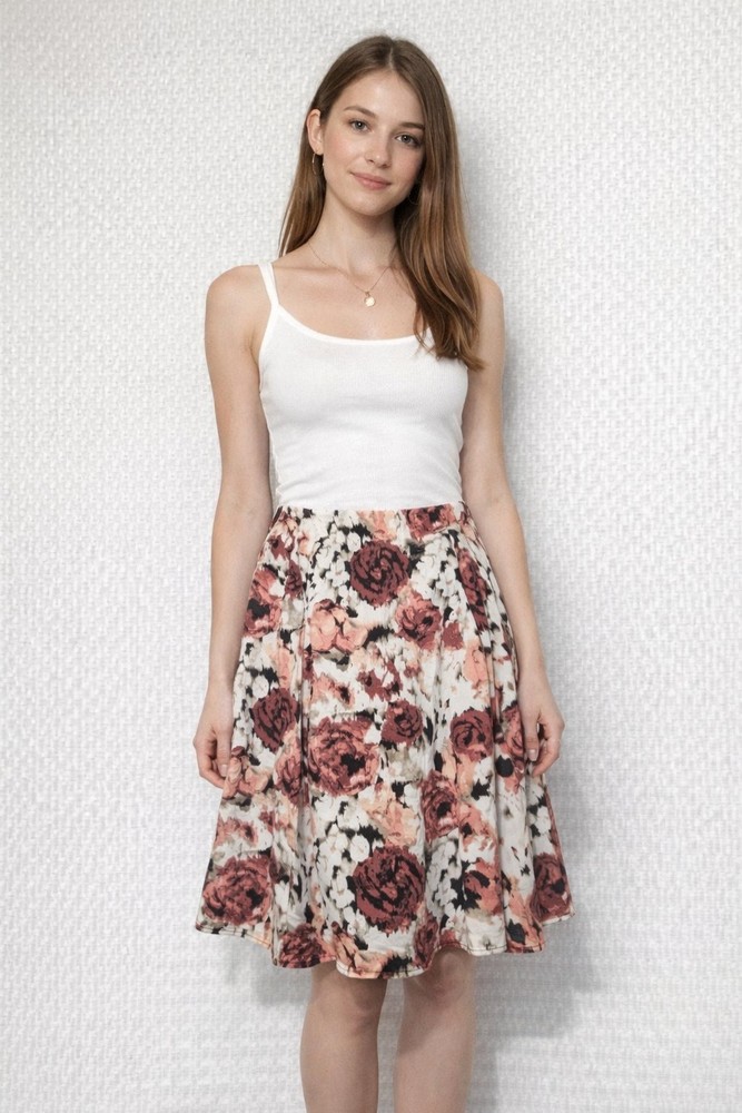 Christopher & Banks Women’s Skirt 14 Floral A-Line Pleated Side Zip Cotton Blend