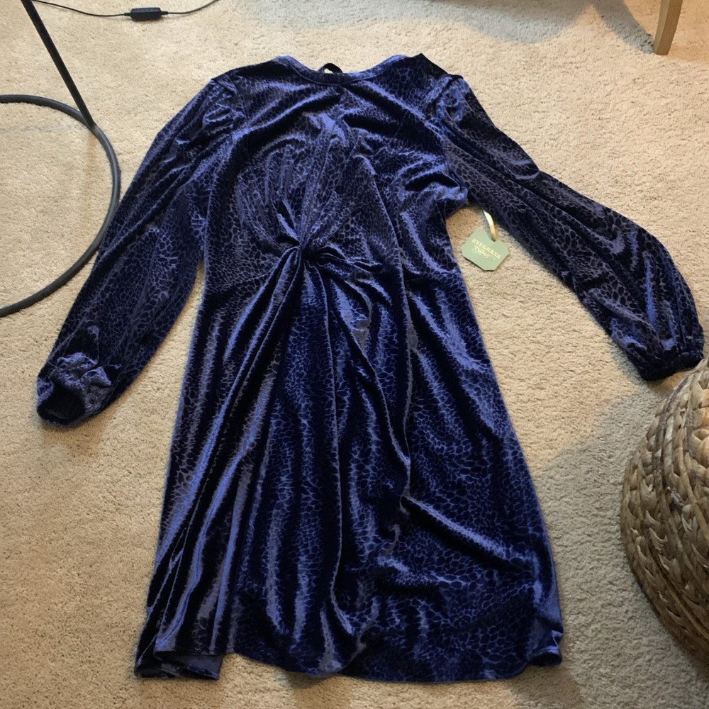 Ryegrass Women XL Navy Blue Velvet Burnout Animal Print Long Sleeve Party Dress