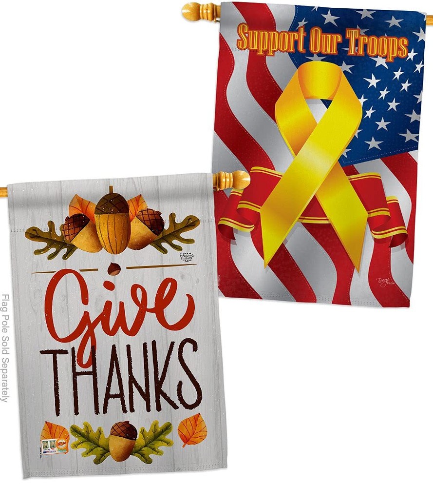 Fall Thanksgiving House Flag with Turkey Pumpkin Design - Give Thanks Decor