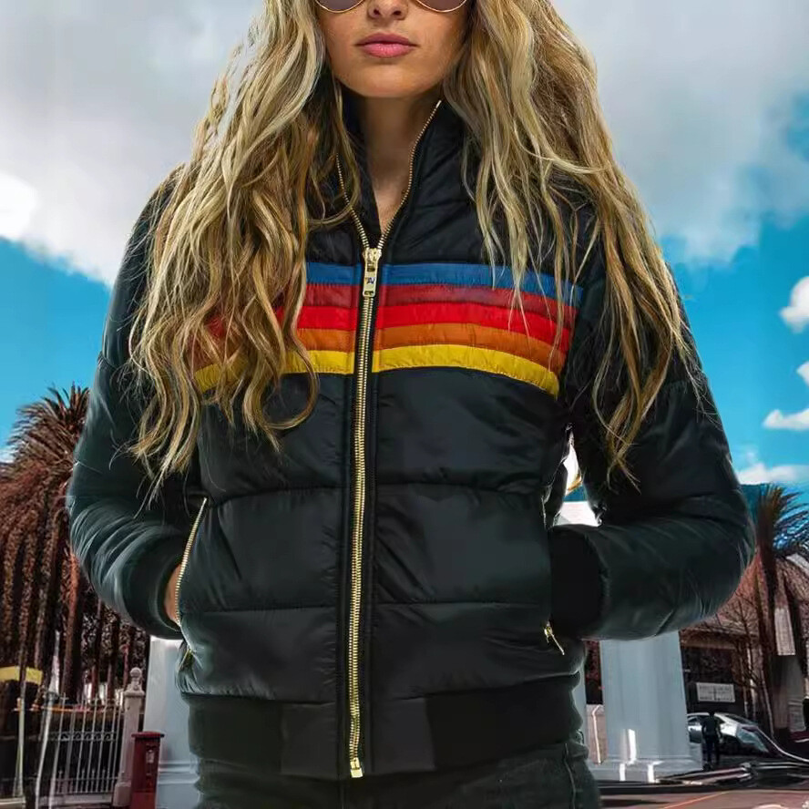 2024 Women's Casual Hooded Long Sleeve Cotton Jacket Rainbow Zipper Warm Coat