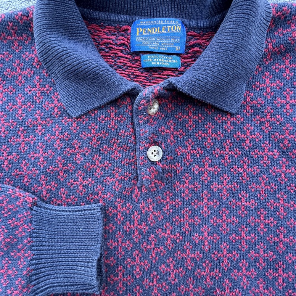 Pendleton Sweater Mens Large Navy Red Cotton Knit Polo Long Sleeve Jacquard