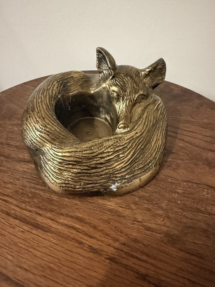 Sleepy Eloise Fox Candle Holder - Metal/Brass Finish-6.5x6.5x3