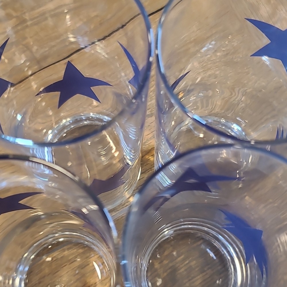 Set of 4 Clear Glass Tumblers Blue Star Pattern, 10-18 oz Drinking Glasses