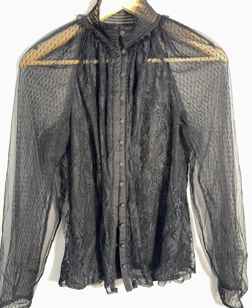 White House Black Market Sheer Lace Blouse High Neck Button Size 6