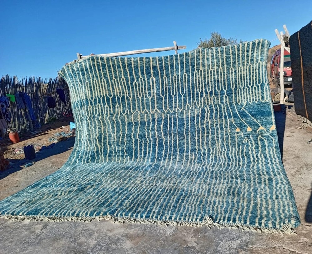 Turquoise Moroccan Berber Beni Ourain Wool Rug Handmade Design Carpet Rug