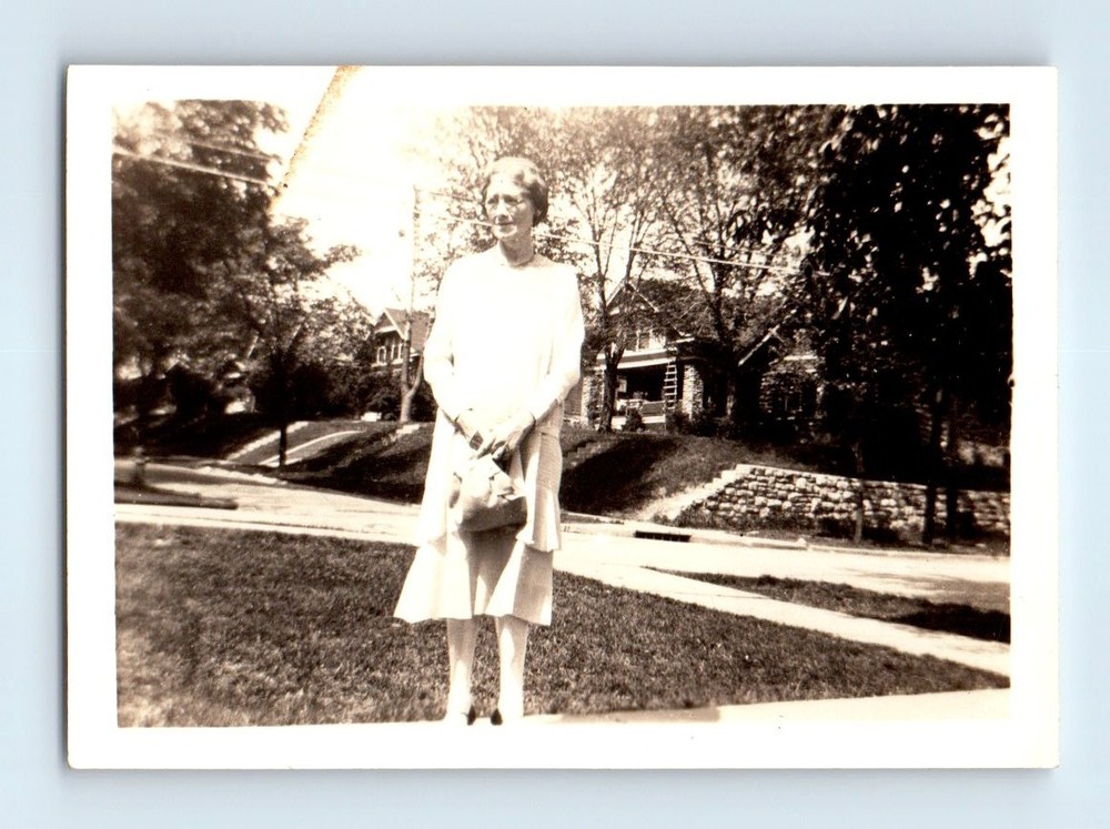Old Vintage Photo SOLO OLDER WOMAN GLASSES STANDING OUTSIDE SNAPSHOT PIC