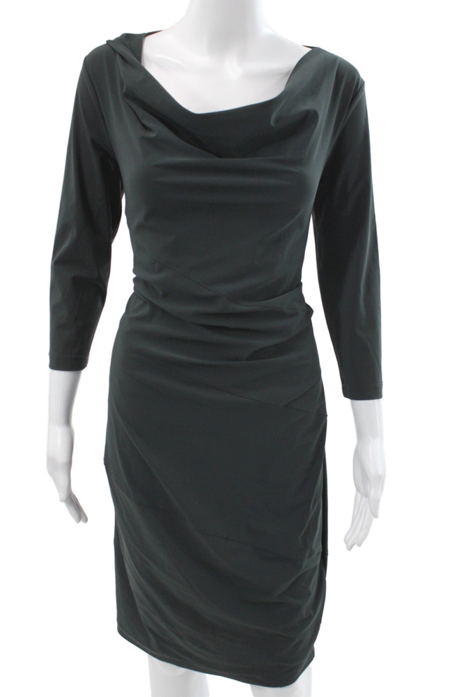 Porto Women Sheath Dress Gray Cowl Neck 3/4 Sleeve Knee Length Size 0Free Shipping in US $100+ Orders | $6.95 Orders Below