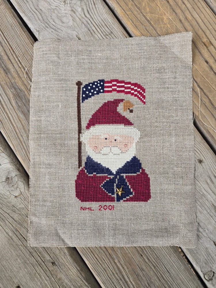 Bent Creek - Patriotic Santa Zipper - Completed Cross Stitch