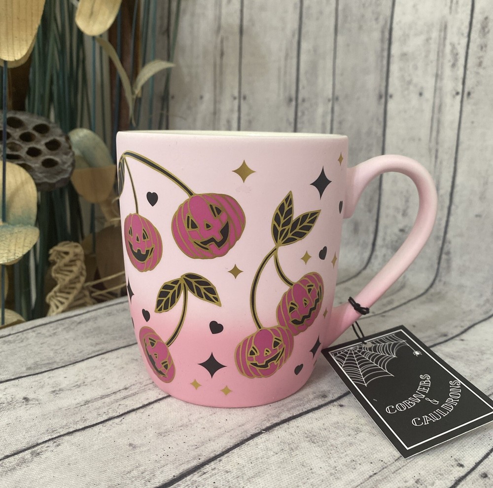 Cobwebs & Cauldrons Halloween Pink Pumpkins Soft Touch Mug - Gold Accents Nwt!
