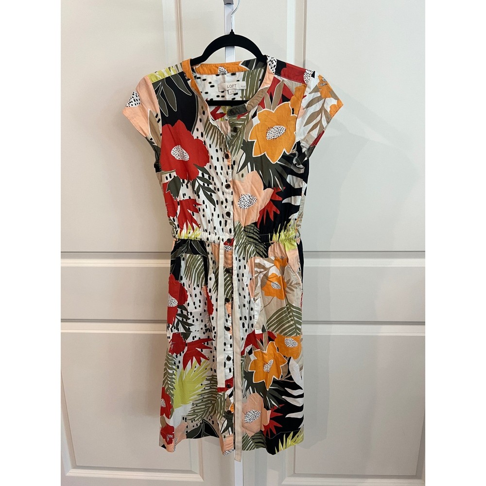 LOFT  Floral Button Front Midi Dress Elastic Waist Pockets Multicolor 2P