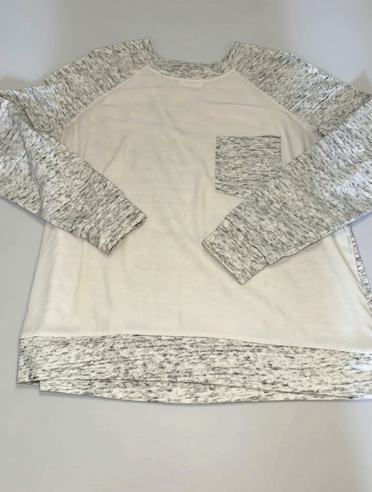 Lou & Grey White Gray Marled Raglan Long Sleeve Pocket Crew Neck Top Medium