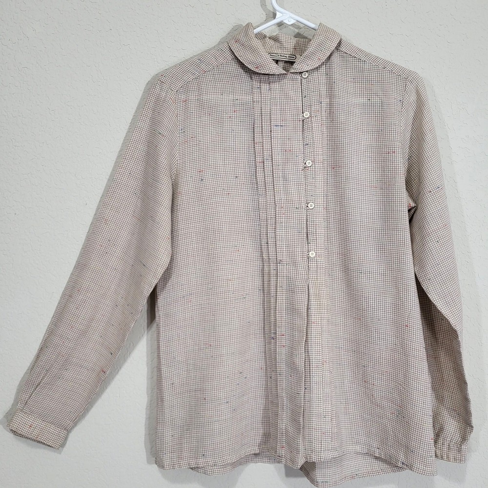 Vintage Blouse Sweet Baby Jane Womens M Peter Pan Collar Pleated Brown Check