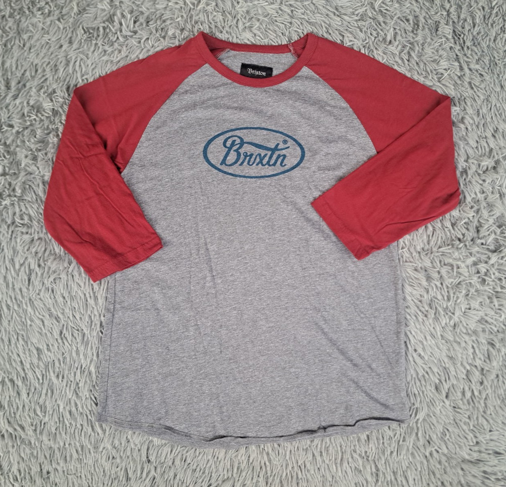Brixton Shirt Mens Medium Gray Red Crew Neck Short Sleeve Raglan Logo Stretch