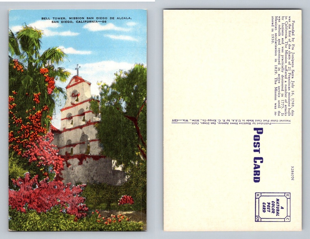 San Diego, CA-California Mission San Diego de Alcala Bell Tower Vintage Postcard