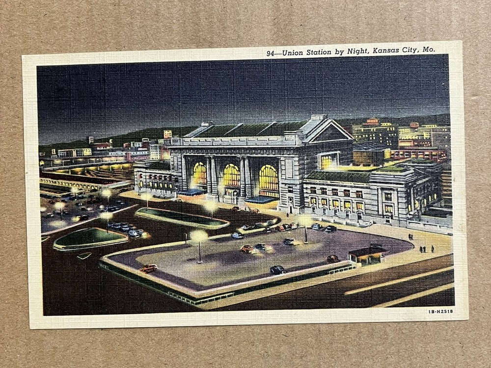 Postcard MO Union Station at Night Linen Kansas City Train Depot Aerial Vtg