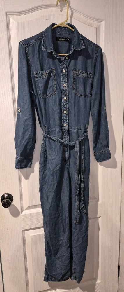 Lauren Ralph Lauren Jumpsuit Womens 8 Blue Denim Long Sleeve Belted One Piece