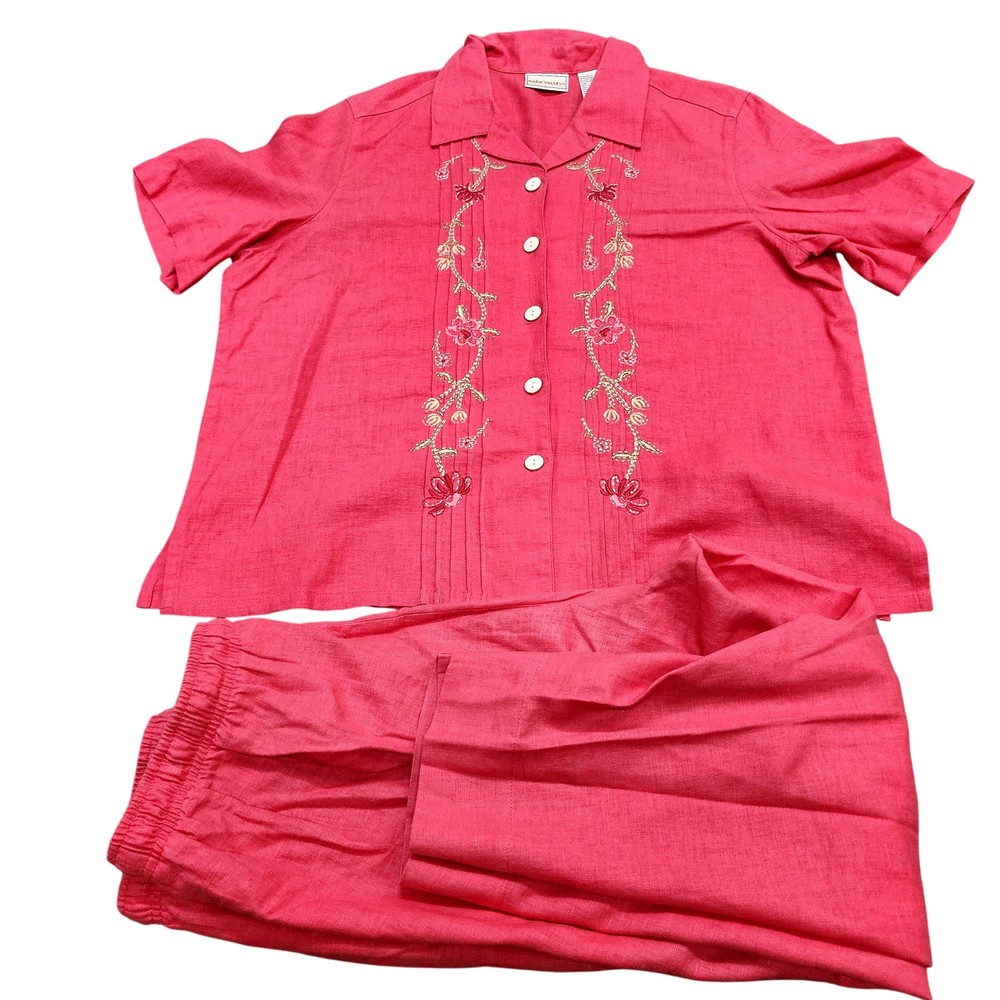 Napa Valley Outfit Set Womens L Pink Linen Rayon Embroidered Shirt Pants 2 Piece