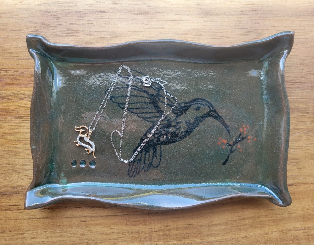 Studio Pottery Hummingbird Trinket Tray Dish Signed