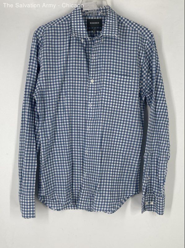 Bonobos Mens Blue White Check Long Sleeve Slim Fit Button-Up Shirt Size M