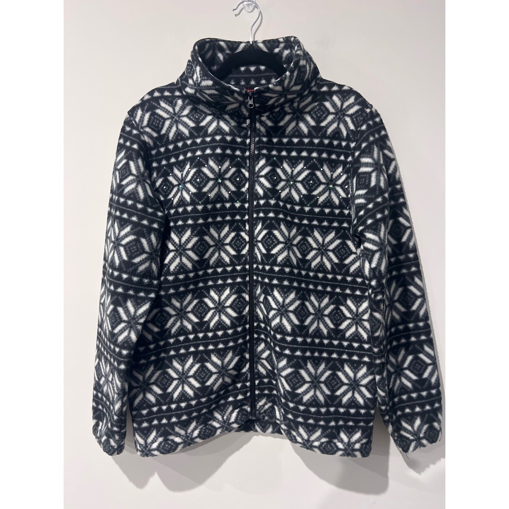 Zoey Beth Womens Black White Snowflake Fleece Jacket Size S Beaded Accents